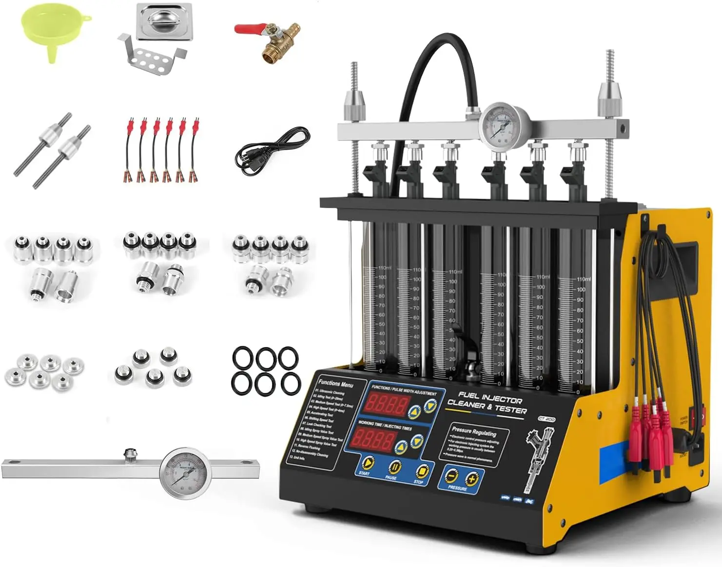 Fuel Injector Cleaner - เครื่องทดสอบและทำความสะอาดหัวฉีดน้ำมันเชื้อเพลิง CT200 สำหรับ 6 สูบ ชุดทำความสะอาดอัลตราโซนิกที่ได้รับการอัพเกรด